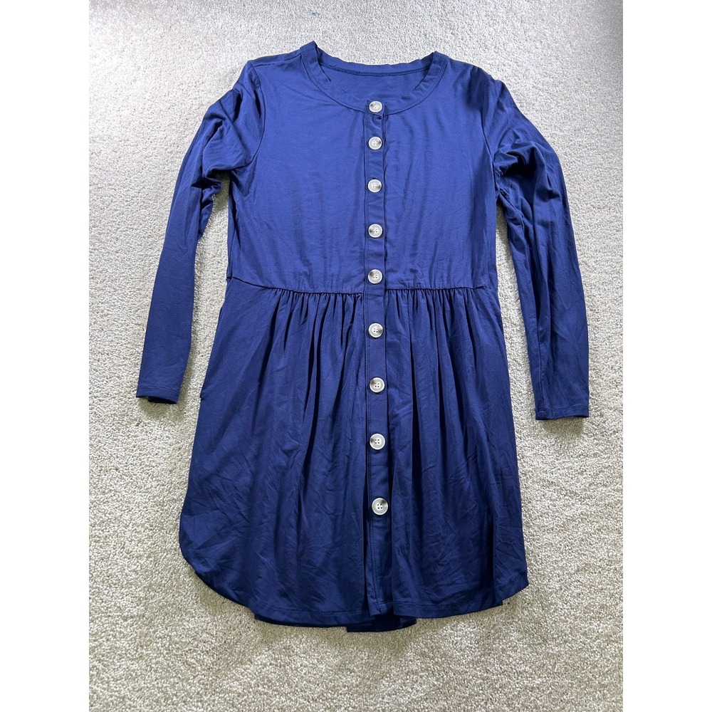 Women's‎ Navy Blue Medium Button Front Long Sleeve Dress Polyester Spandex